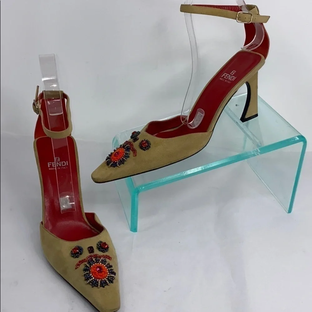 Fendi Sz 9.5M Beige Suede Beaded Ankle Strap Heels